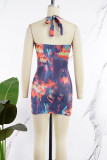 Colour Sexy Casual Print Backless Halter Sleeveless Dress Dresses