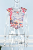 Multicolor College Print Asymmetrical Mesh Stringy Selvedge Square Collar High Waist Tops