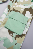 Light Green Street Camouflage Print Patchwork Pocket Regular High Waist Straight Full Print Bottoms