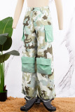 Light Green Street Camouflage Print Patchwork Pocket Regular High Waist Straight Full Print Bottoms