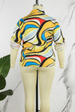 Blue Casual Print Patchwork Shirt Collar Plus Size Tops