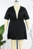 Black Living Solid Patchwork V Neck Plus Size Sleepwear