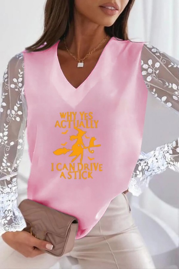 Pink Yellow Casual Print Patchwork V Neck Tops