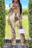 Apricot Casual Print Tie Dye Tassel U Neck Long Sleeve Two Pieces