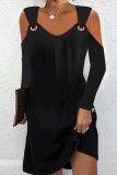 Yellow Casual Solid Hollowed Out V Neck Long Sleeve Dresses