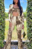 Apricot Casual Print Tie Dye Tassel U Neck Long Sleeve Two Pieces