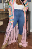 Pink Casual Tassel Bandage Hollowed Out Patchwork Cardigan Collar Outerwear