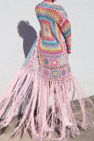 Pink Casual Tassel Bandage Hollowed Out Patchwork Cardigan Collar Outerwear