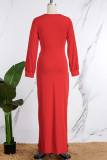 Red Sexy Formal Solid Patchwork Slit V Neck Evening Dress Dresses