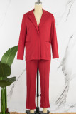 Rose Red Casual Solid Cardigan Pants Turn-back Collar Long Sleeve Two Pieces