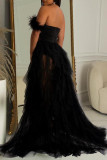Black Sexy Formal Solid Patchwork See-through Backless Strapless Long Dress Dresses