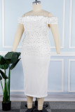 White Elegant Solid Patchwork Hot Drill Stringy Selvedge Off the Shoulder Wrapped Skirt Plus Size Dresses