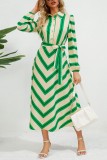 Green Casual Striped Print Patchwork Turndown Collar Shirt Dress Dresses