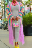 Pink Casual Tassel Bandage Hollowed Out Patchwork Cardigan Collar Outerwear