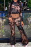 Brown Casual Print Tassel Half A Turtleneck Long Sleeve Two Pieces