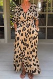 Leopard Print Casual Print Leopard Patchwork V Neck Long Dress Dresses