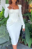 Cream White Daily Elegant College Patchwork Fold Solid Color Square Collar Long Sleeve Dresses