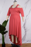 Burgundy Casual Solid Asymmetrical V Neck Long Dress Plus Size Dresses