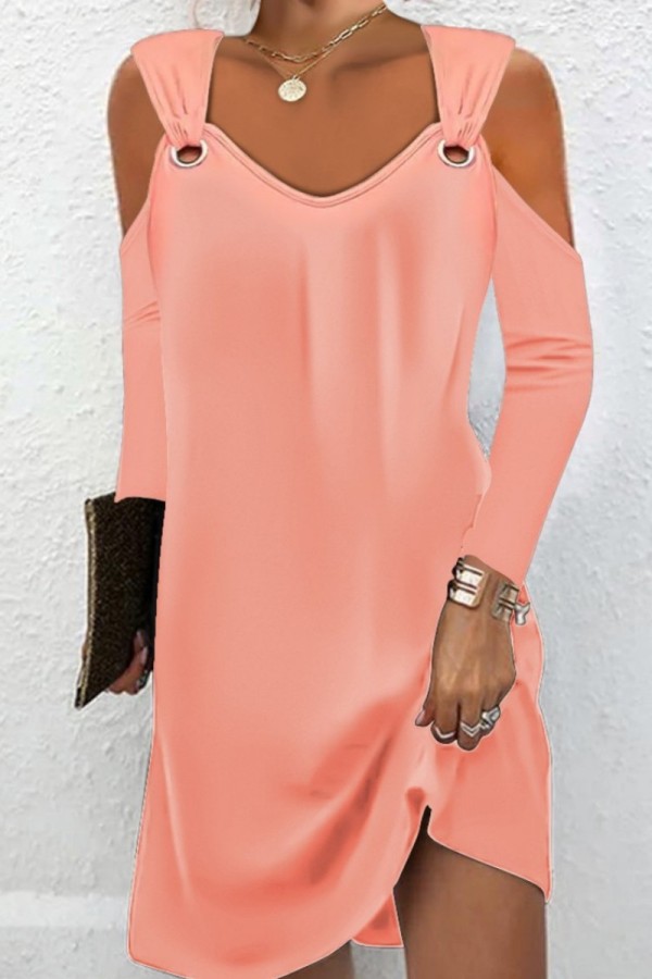 Light Orange Casual Solid Hollowed Out V Neck Long Sleeve Dresses