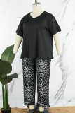 Black Living Print Leopard Basic V Neck Plus Size Pajamas Two Piece Set