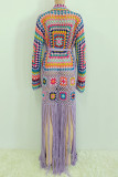 Pink Casual Tassel Bandage Hollowed Out Patchwork Cardigan Collar Outerwear