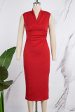 Red Casual Solid Patchwork V Neck Sleeveless Dress Dresses