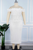 White Elegant Solid Patchwork Hot Drill Stringy Selvedge Off the Shoulder Wrapped Skirt Plus Size Dresses
