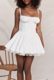 White Sexy Casual Solid Backless Square Collar Sling Dress Dresses
