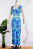 Colorful Blue Sexy Street Tie Dye Patchwork Backless Slit Asymmetrical Strapless Sleeveless Two Pieces