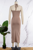 Coffee Sexy Solid Hollowed Out Backless Spaghetti Strap Sleeveless Dress Dresses