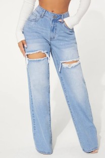 Baby Blue Casual Solid Ripped High Waist Straight Denim Jeans (Subject To The Actual Object)