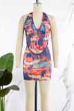 Colour Sexy Casual Print Backless Halter Sleeveless Dress Dresses