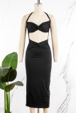 Coffee Sexy Solid Hollowed Out Backless Spaghetti Strap Sleeveless Dress Dresses