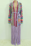 Pink Casual Tassel Bandage Hollowed Out Patchwork Cardigan Collar Outerwear