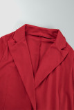 Red Casual Solid Cardigan Pants Turn-back Collar Long Sleeve Two Pieces