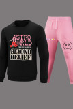 Black Pink Casual Letter Patchwork Pocket O Neck Long Sleeve Two Pieces