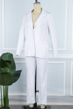 White Casual Solid Cardigan Pants Turn-back Collar Long Sleeve Two Pieces