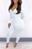 White Casual Solid Basic V Neck Skinny Jumpsuits