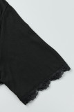 Black Living Solid Patchwork V Neck Plus Size Sleepwear