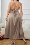 Light Brown Sexy Living Solid Backless Cross Straps Spaghetti Strap Plus Size Nightdress