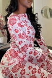Pink Street Print Patchwork See-through O Neck Long Sleeve Two Pieces