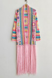 Pink Casual Tassel Bandage Hollowed Out Patchwork Cardigan Collar Outerwear