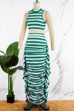 Green Casual Striped Print Patchwork O Neck Sleeveless Two Pieces