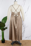 Light Brown Sexy Living Solid Backless Cross Straps Spaghetti Strap Plus Size Nightdress