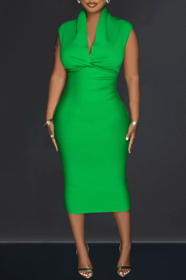 Green Casual Solid Patchwork V Neck Sleeveless Dress Dresses