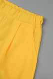 Fluorescent Yellow Casual Solid Patchwork Pocket Flounce V Neck Short Sleeve Two Pieces