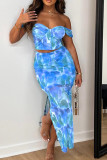Colorful Blue Sexy Street Tie Dye Patchwork Backless Slit Asymmetrical Strapless Sleeveless Two Pieces