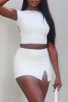 Cream White Casual Solid Slit O Neck Short Sleeve Two Pieces