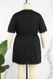 Black Living Solid Patchwork V Neck Plus Size Sleepwear