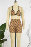 Coffee Sexy Casual Print Bandage Backless Swimwears